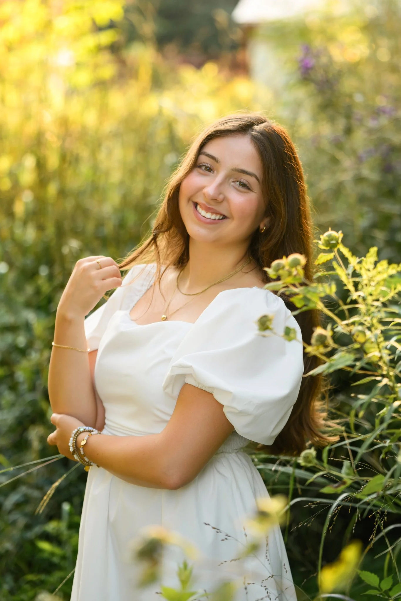 Maisie | Lakeville, Indiana Senior Portrait Photography in Flower Field for Madison East High School class of 2027 senior girl wearing white dress by Peru Indiana senior photographer Amanda Wilson © Sweet Pickins Studio