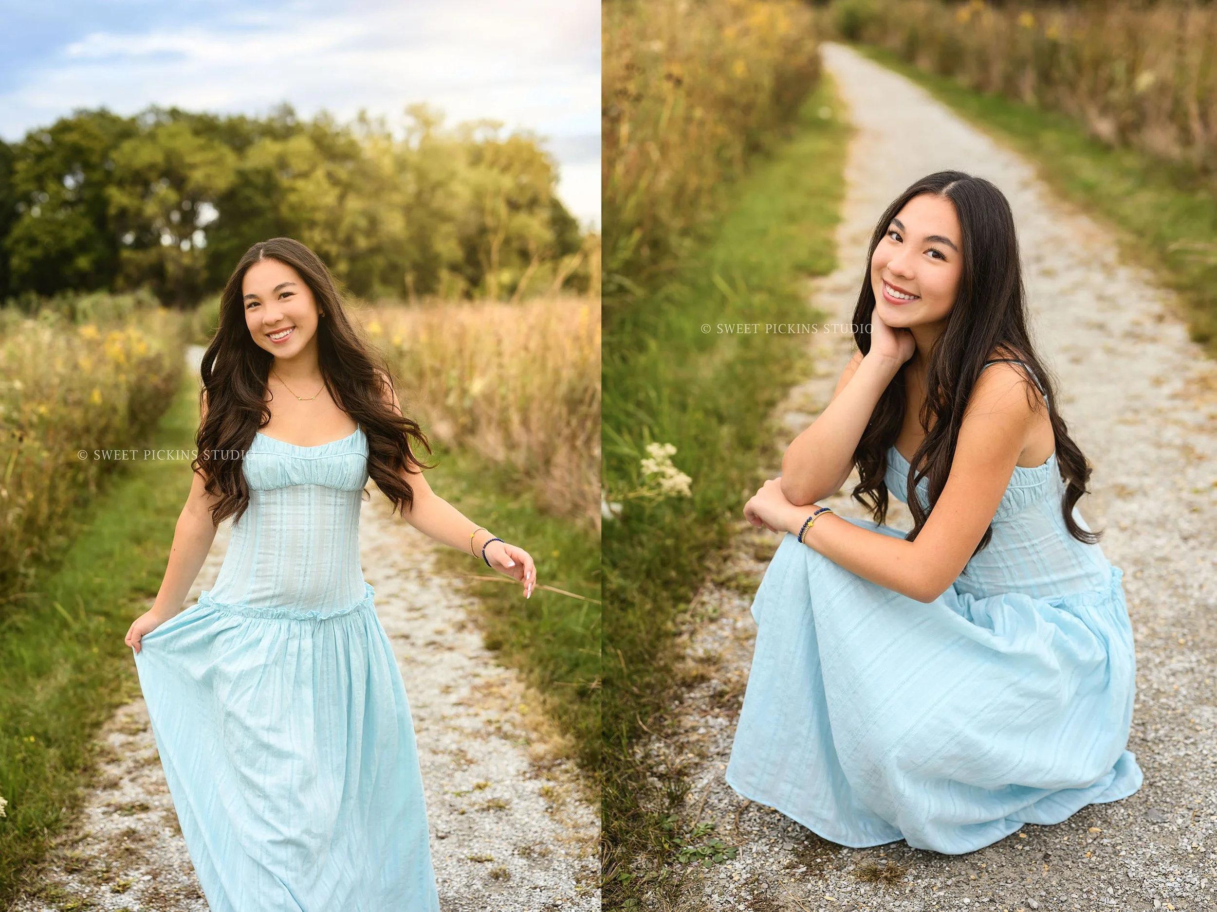 Nora | Carmel, Indiana Senior Girl Photography in Fall for Park Tudor class of 2027 senior girl in autumn field with flowers wearing blue dress by Sweet Pickins Studio senior photographer Amanda Wilson ©