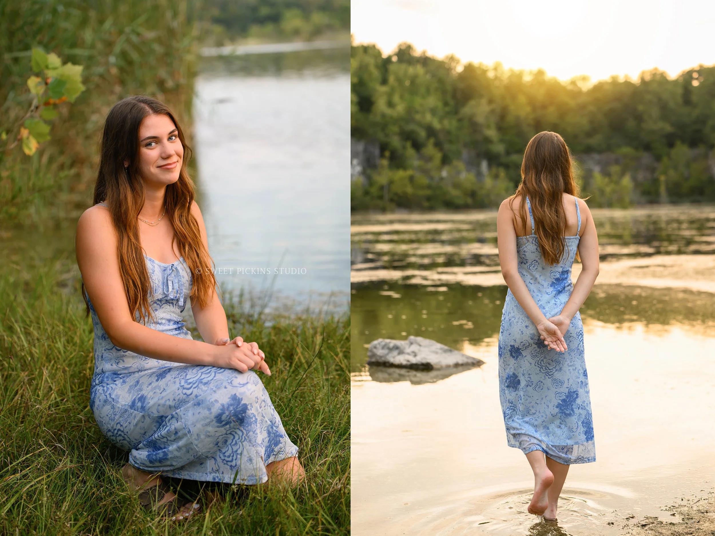 Indiana senior girl photography posing in lake at sunset for class of 2027 senior girl wearing blue floral midi dress by Sweet Pickins Studio senior photographer Amanda Wilson ©