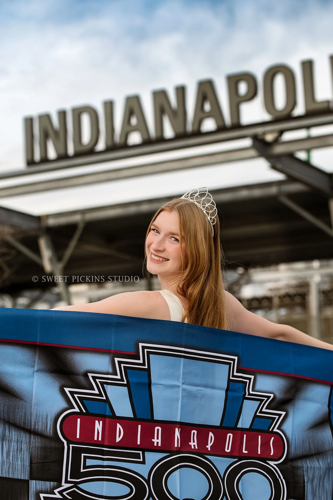 Speedway, Indiana Portrait Photography for Indy 500 Princess at Indianapolis Motor Speedway wearing tiara and sash by Sweet Pickins Studio photographer Amanda Wilson ©
