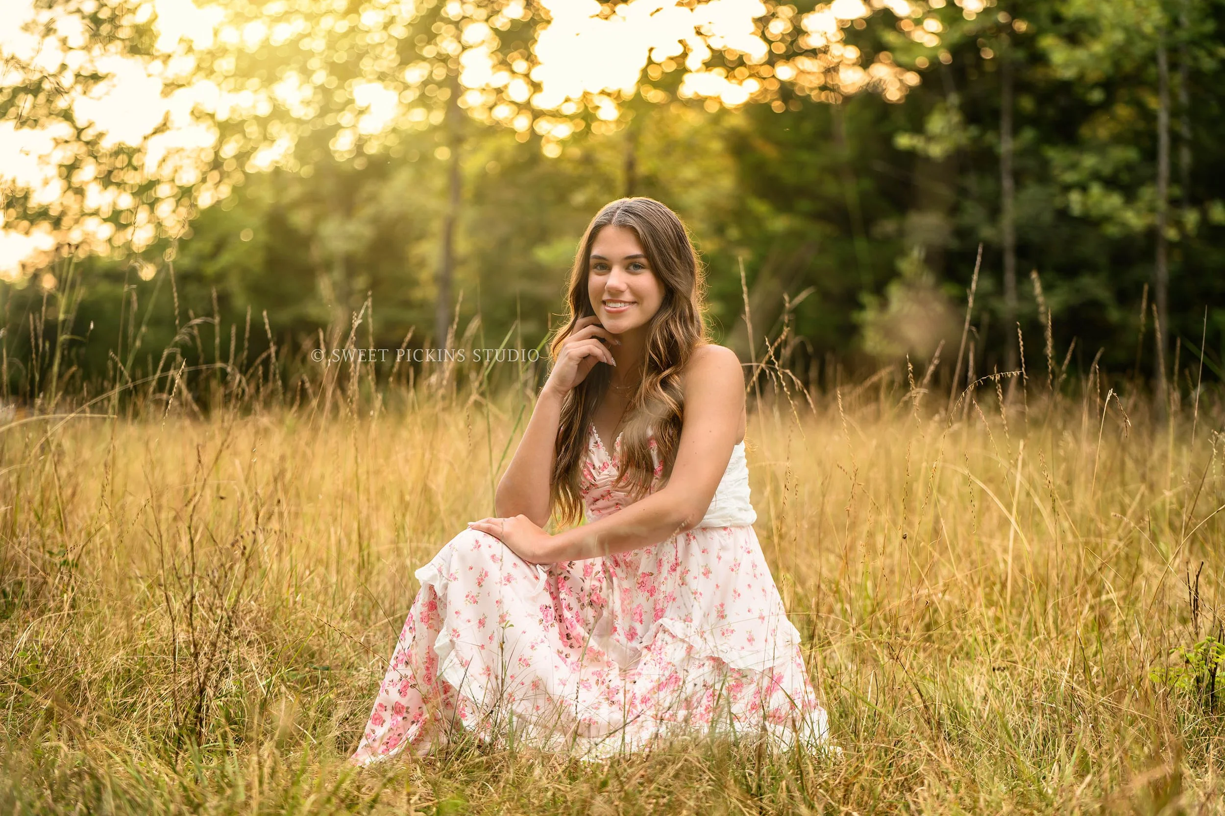 Taylor | Indiana Senior Girl Photography for class of 2027 senior posing in golden field wearing pink floral maxi dress by Sweet Pickins Studio senior photographer Amanda Wilson ©