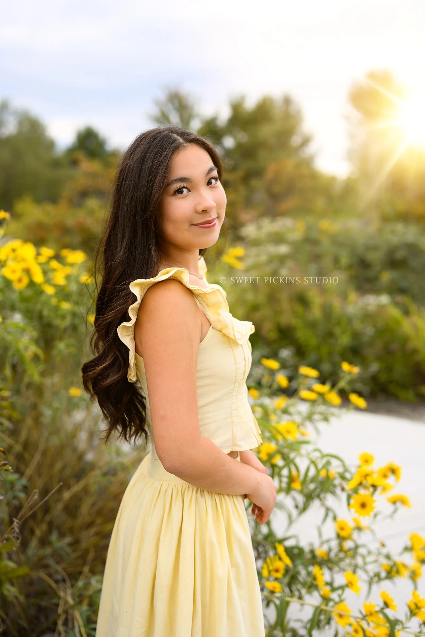 Nora | Carmel, Indiana Senior Girl Photography in Fall yellow flowers wearing yellow skirt set for Park Tudor Class of 2027 by Sweet Pickins Studio senior photographer Amanda Wilson ©