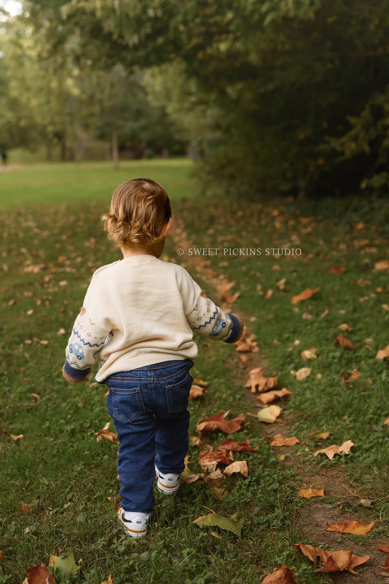 Kokomo, Indiana Fall Family Photography at Highland Park for Mommy and Son walking in autumn leaves by creek by Sweet Pickins Studio photographer Amanda Wilson ©