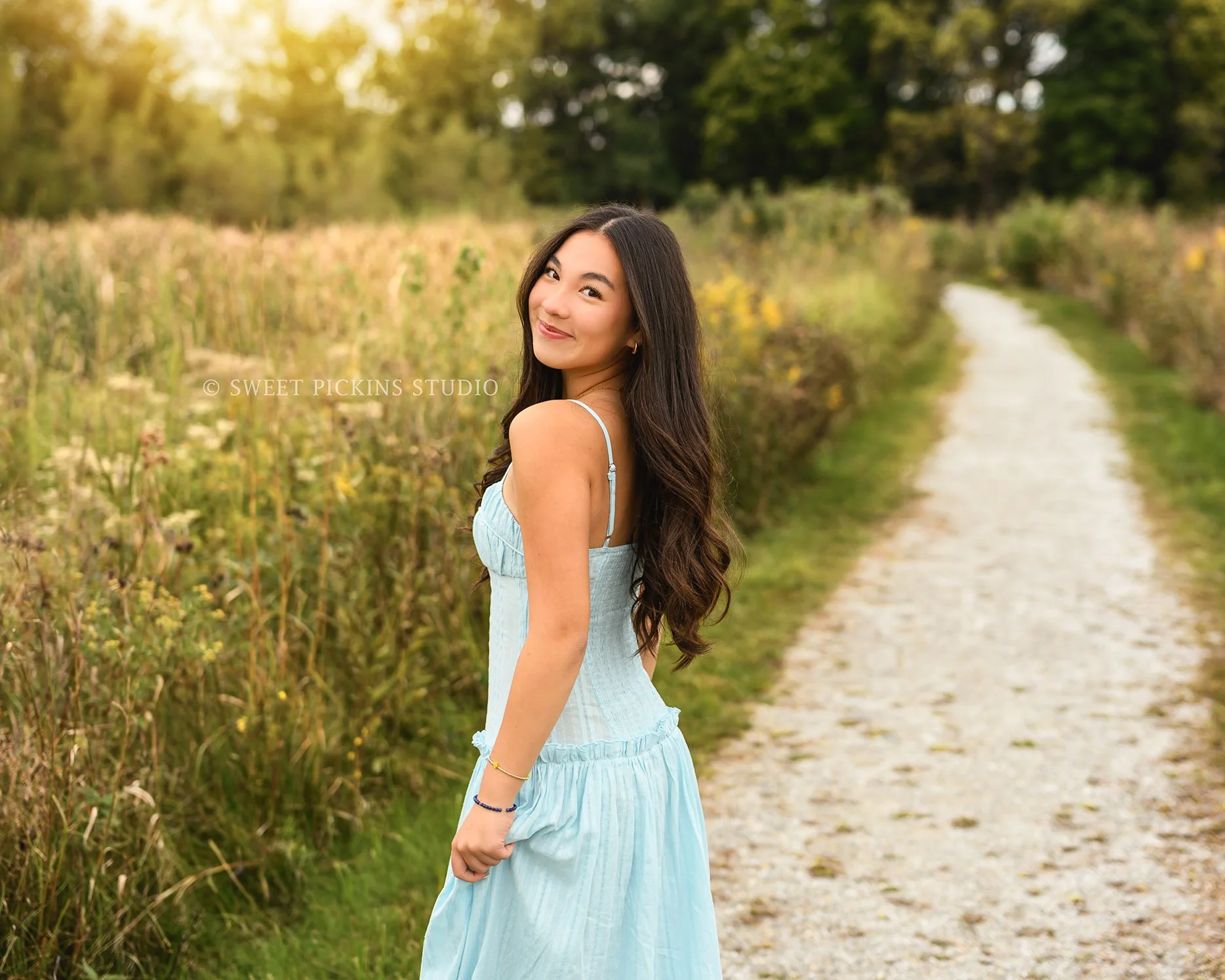 Nora | Carmel, Indiana Senior Girl Photography in Fall field wearing blue dress for Park Tudor Class of 2027 by Sweet Pickins Studio senior photographer Amanda Wilson ©