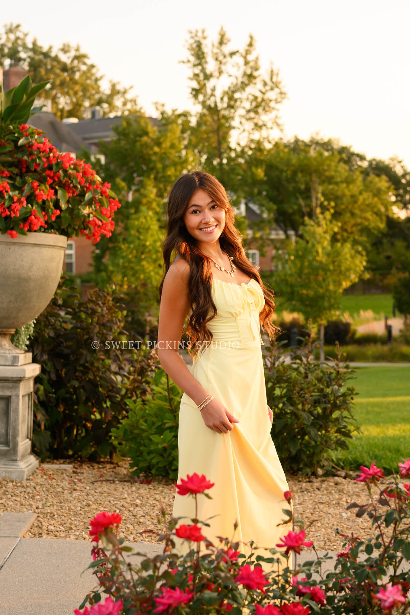 Rachel | Carmel, Indiana Senior Photography in Flower Garden for Class of 2027 senior girl wearing yellow dress in roses by Sweet Pickins Studio senior photographer Amanda Wilson ©