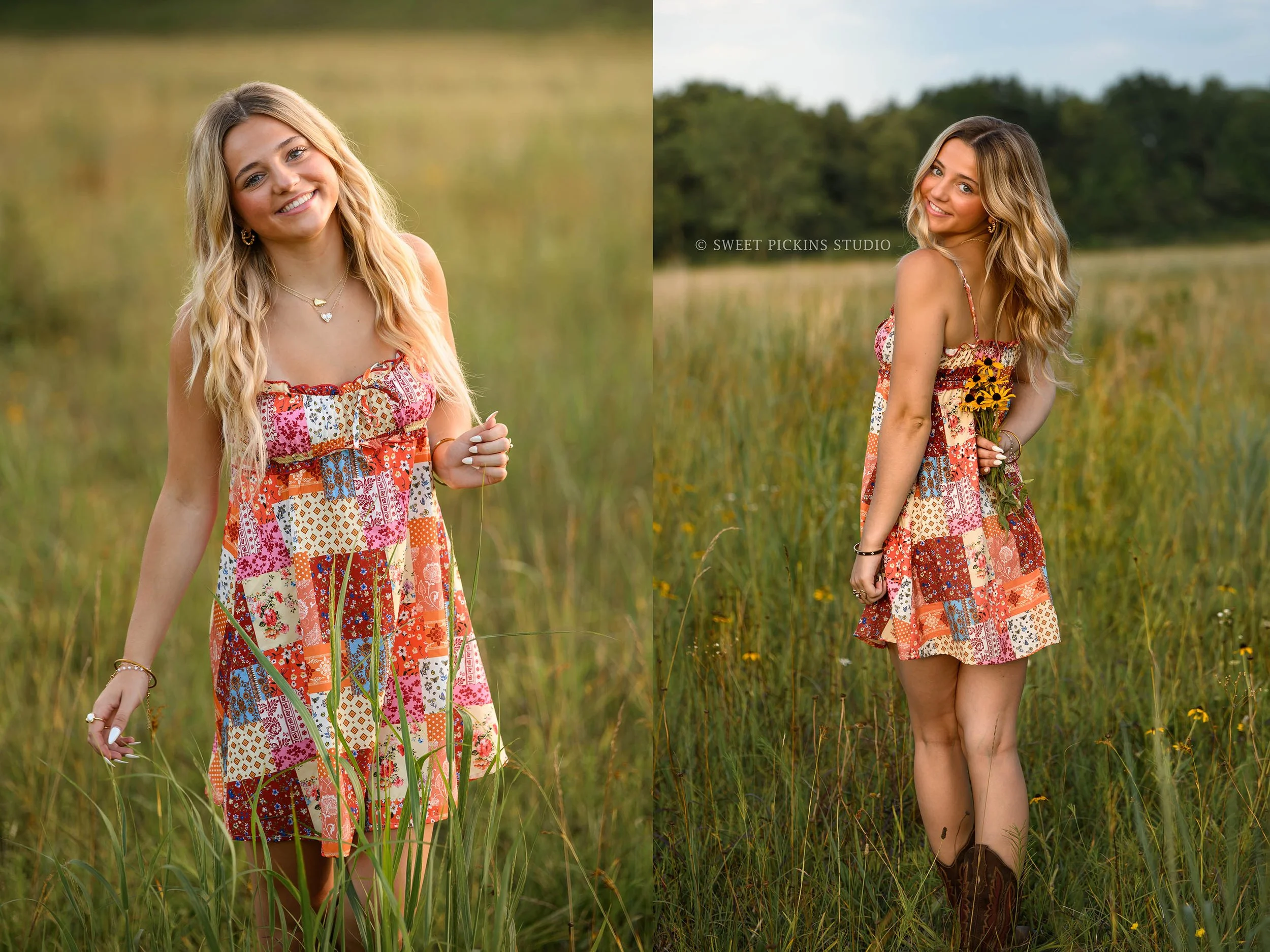 Peru Indiana country senior photography for class of 2027 senior girl posing in flower field wearing patchwork dress by Sweet Pickins Studio senior photographer Amanda Wilson ©