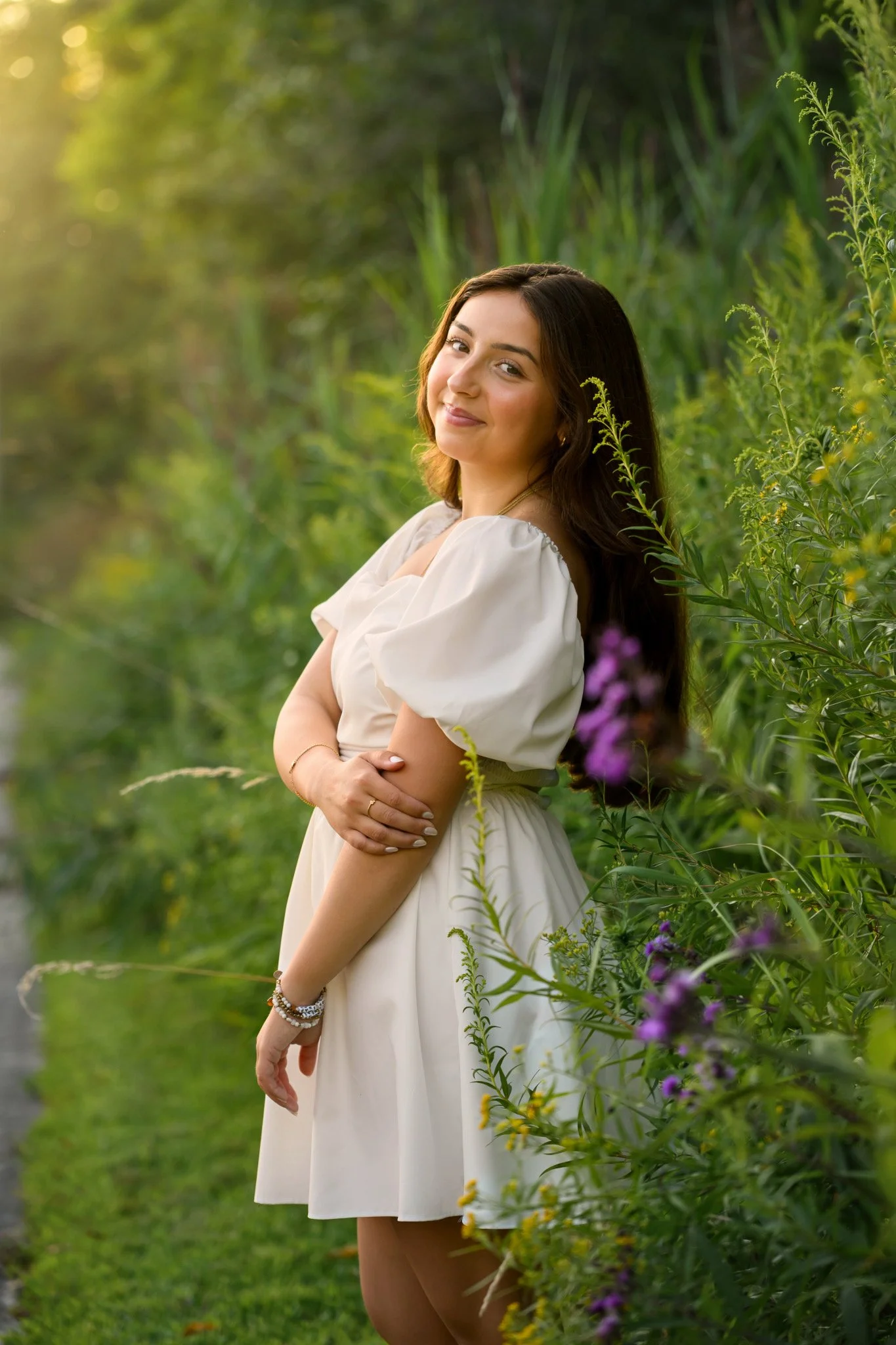 Maisie | Lakeville, Indiana Senior Girl Portraits for Madison East High School class of 2027 senior posing in white dress with flower bouquet by Peru Indiana senior photographer Amanda Wilson © Sweet Pickins Studio