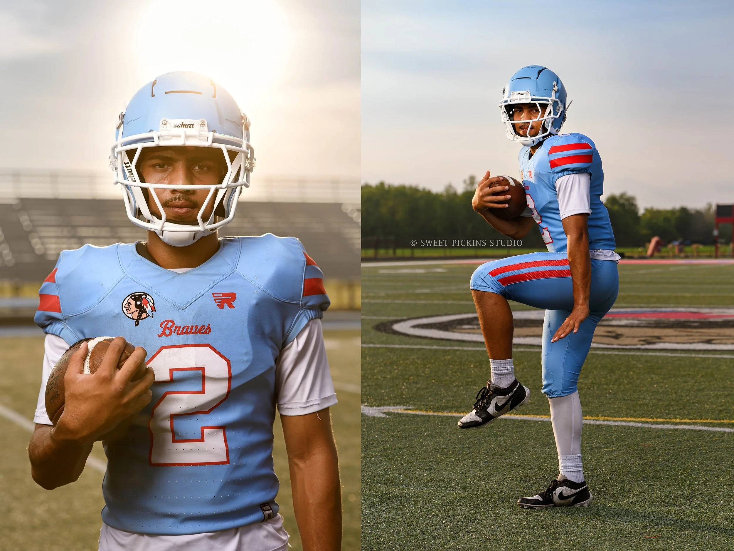 Peru Indiana Football Senior Pictures for Maconaquah Braves class of 2027 senior sports athlete by Sweet Pickins Studio photographer Amanda Wilson ©