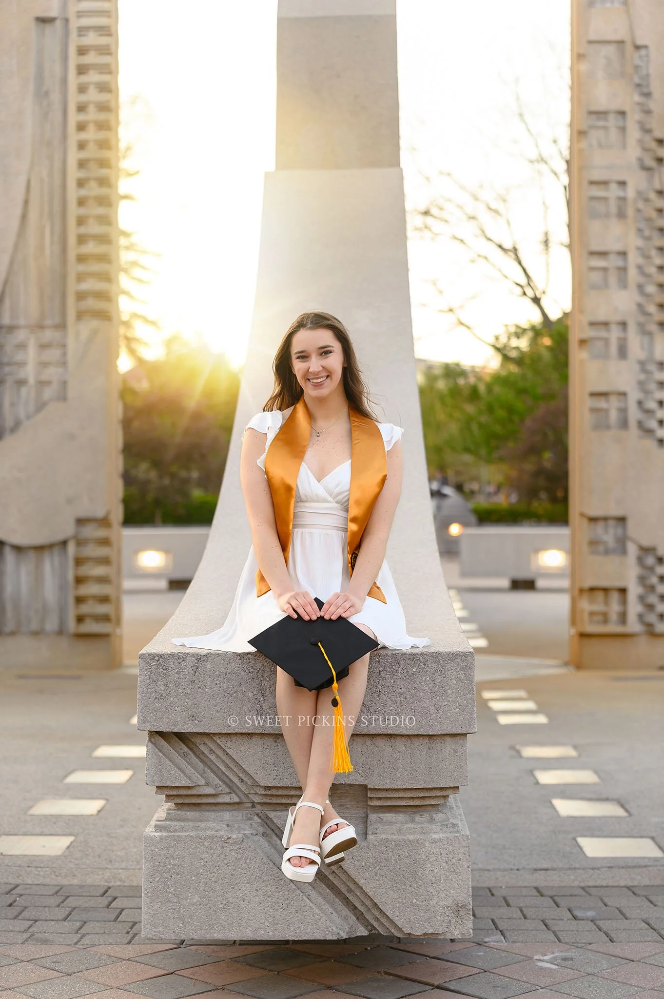 Emily | Purdue University Graduation Portrait Photography in Cap and Gown in West Lafayette, Indiana Engineering Fountain in Spring by Sweet Pickins Studio senior photographer Amanda Wilson ©