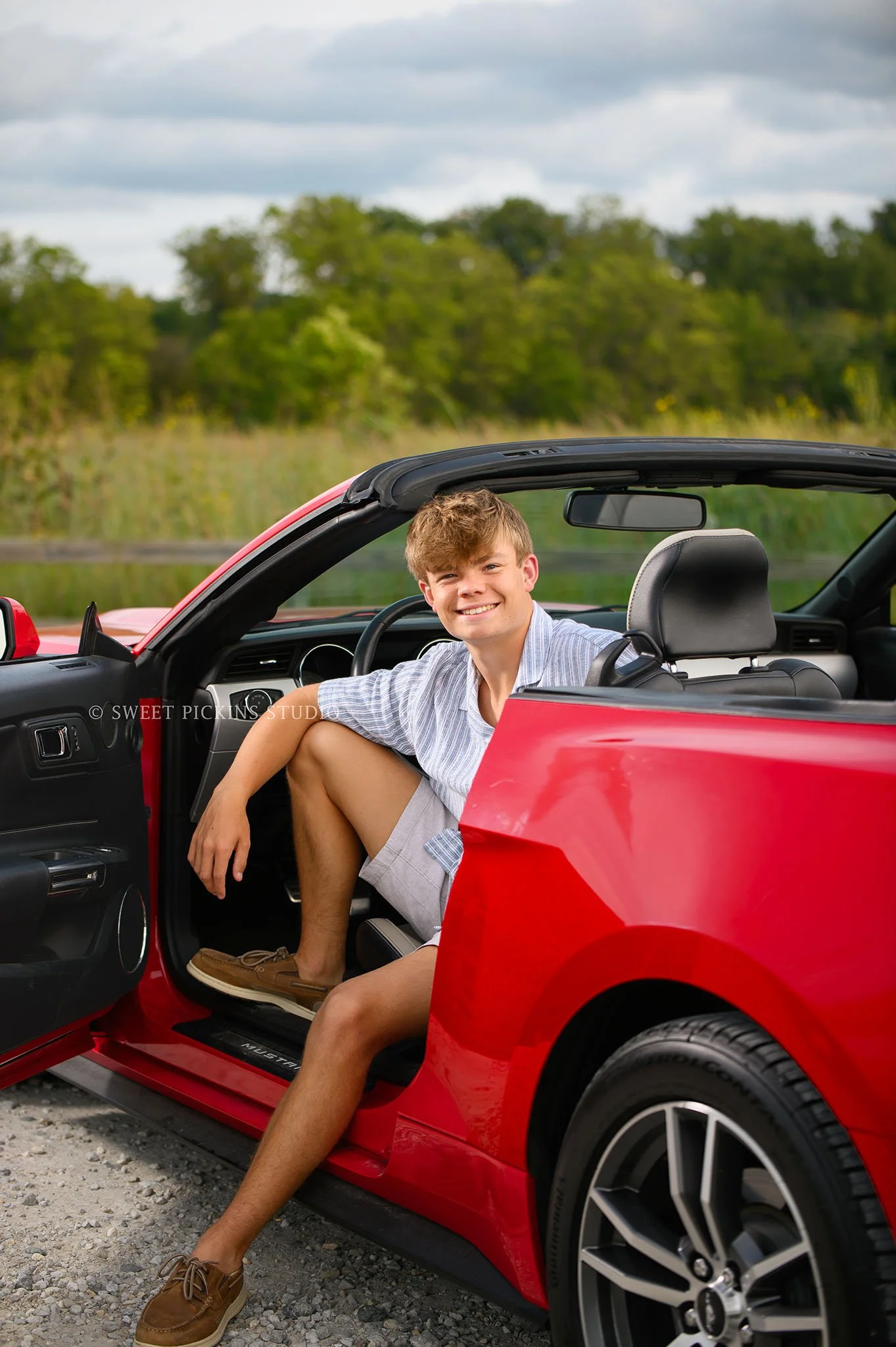 Noblesville, Indiana Senior Guy Portrait Photography with red Mustang car by senior photographer Amanda Wilson of Sweet Pickins Studio ©