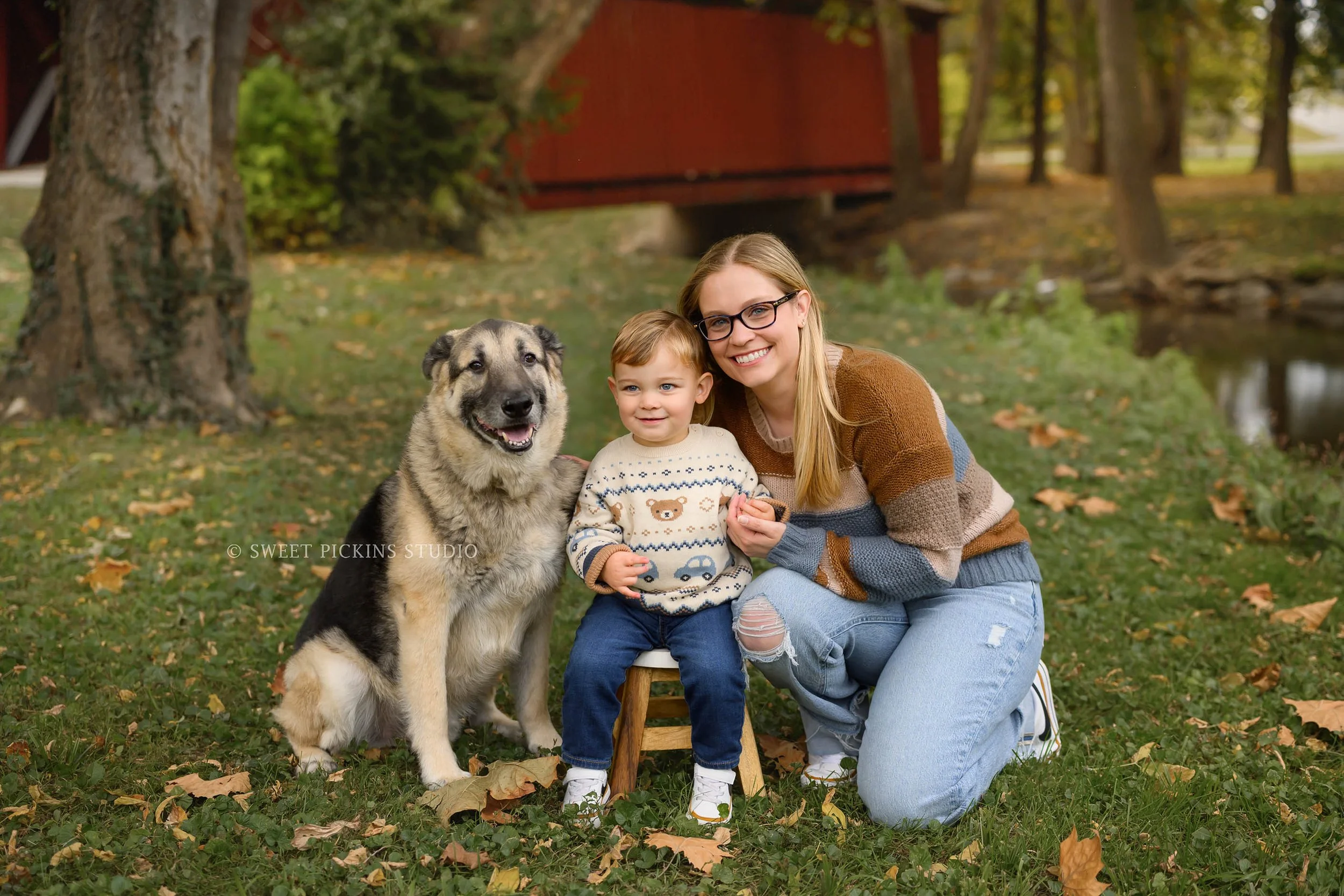 Kokomo, Indiana Fall Family Photography at Highland Park for Mommy and Son with dog in autumn leaves by Sweet Pickins Studio photographer Amanda Wilson ©