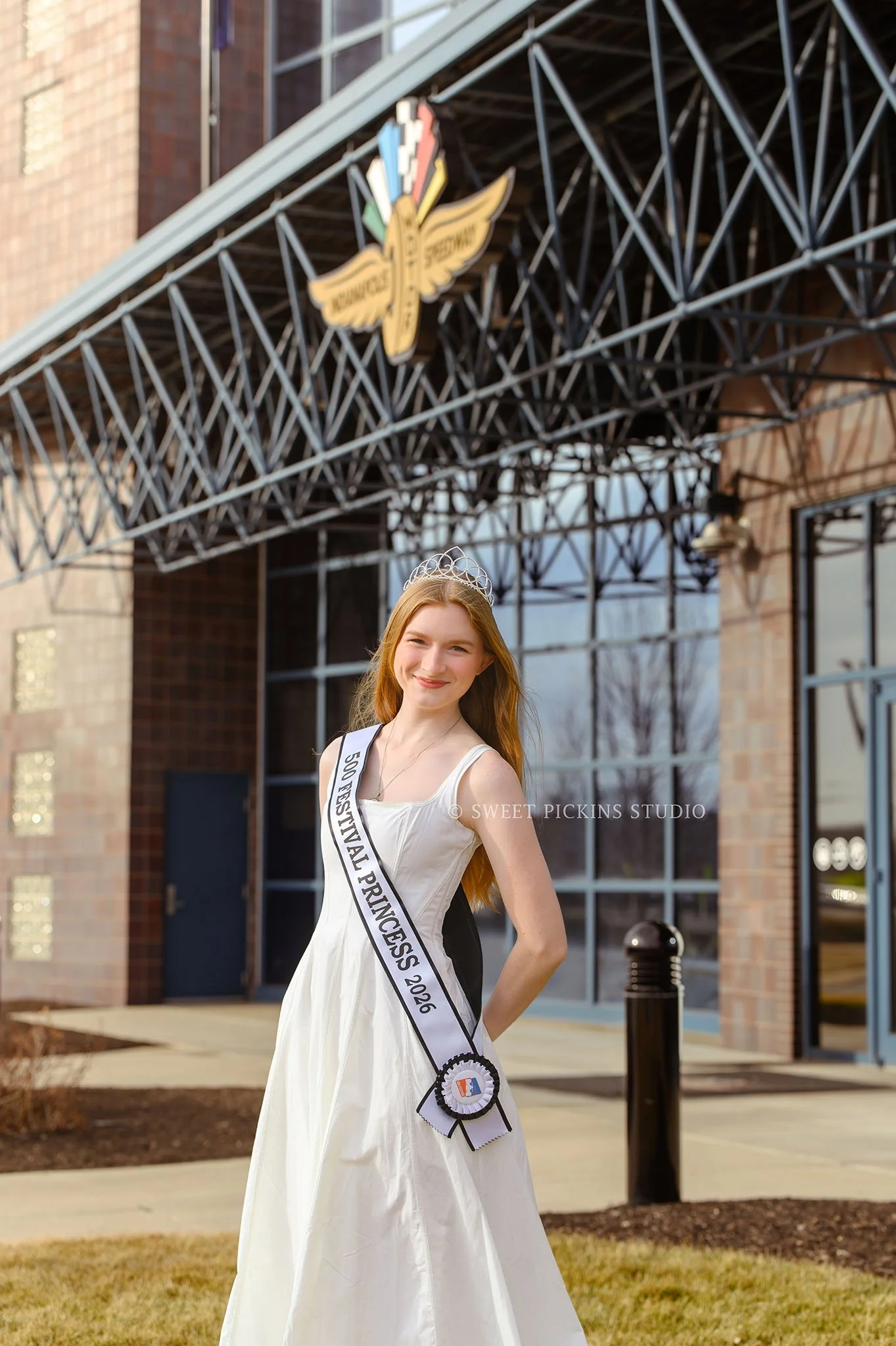 Speedway, Indiana Portrait Photography for Indy 500 Princess at Indianapolis Motor Speedway racetrack wearing tiara and sash by Sweet Pickins Studio photographer Amanda Wilson ©