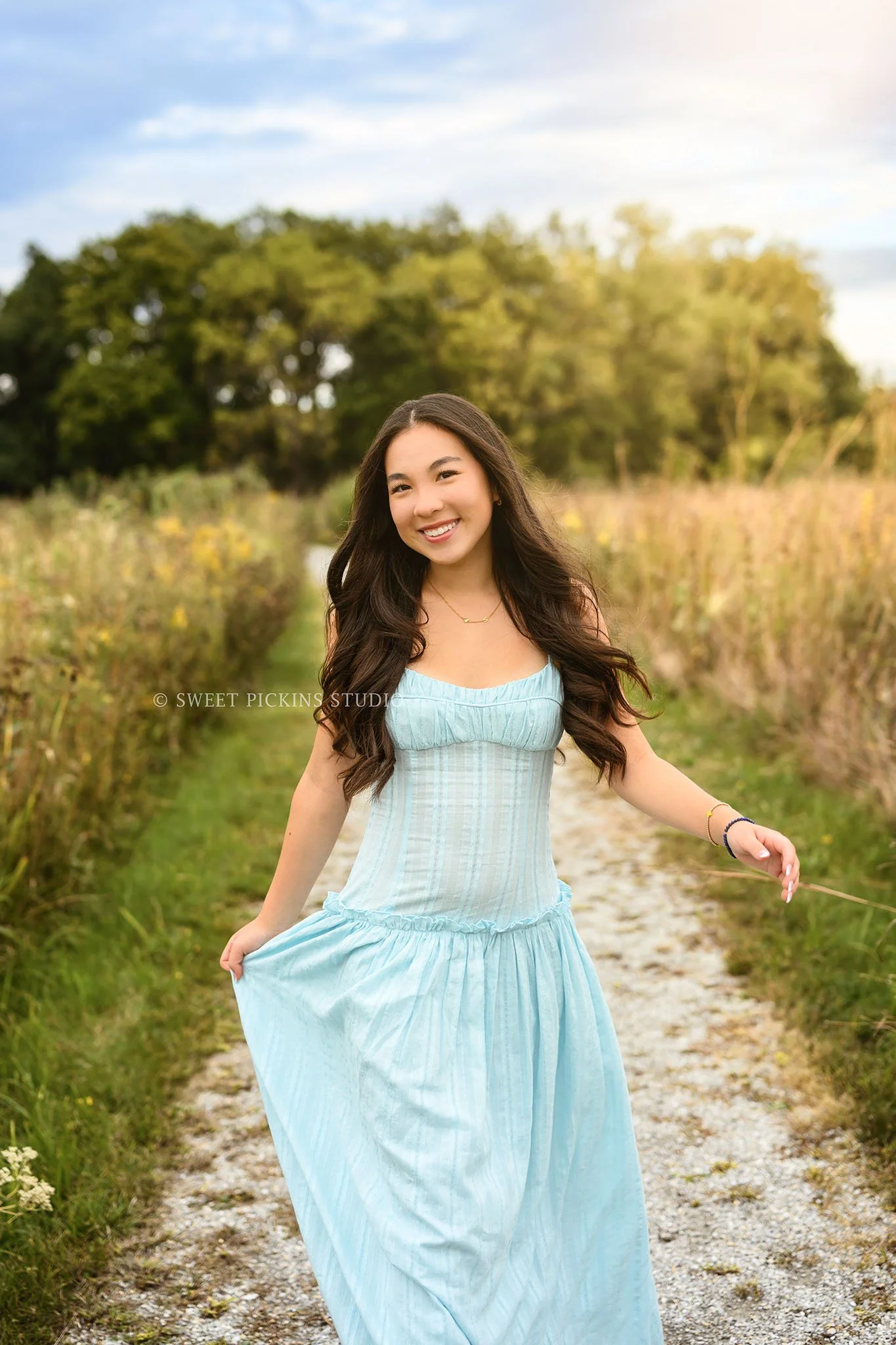 Nora | Carmel, Indiana Senior Girl Photography in Fall field wearing blue dress for Park Tudor Class of 2027 by Sweet Pickins Studio senior photographer Amanda Wilson ©