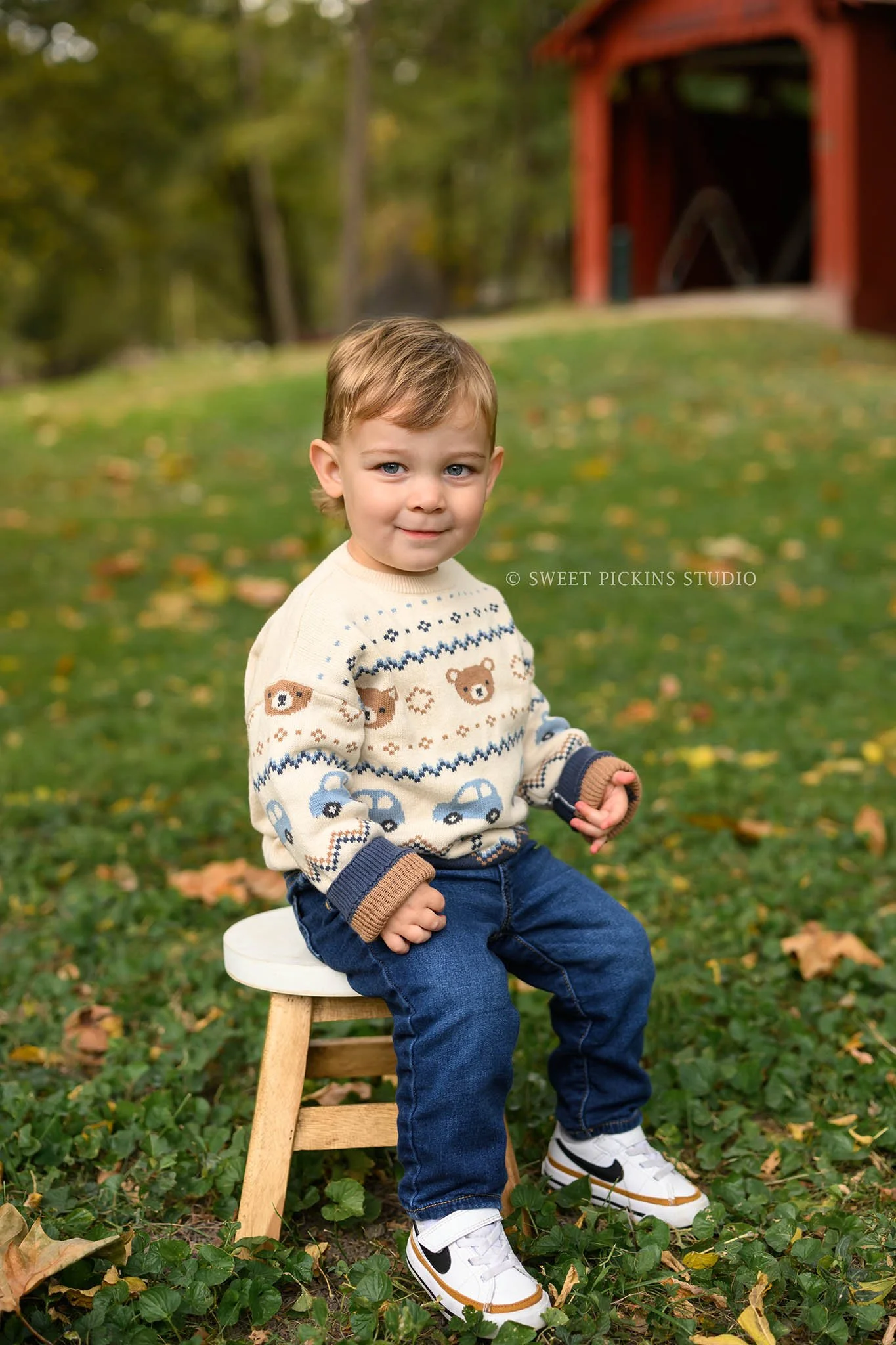 Kokomo, Indiana Fall Family Photography at Highland Park for Mommy and Son in autumn leaves by creek by Sweet Pickins Studio photographer Amanda Wilson ©