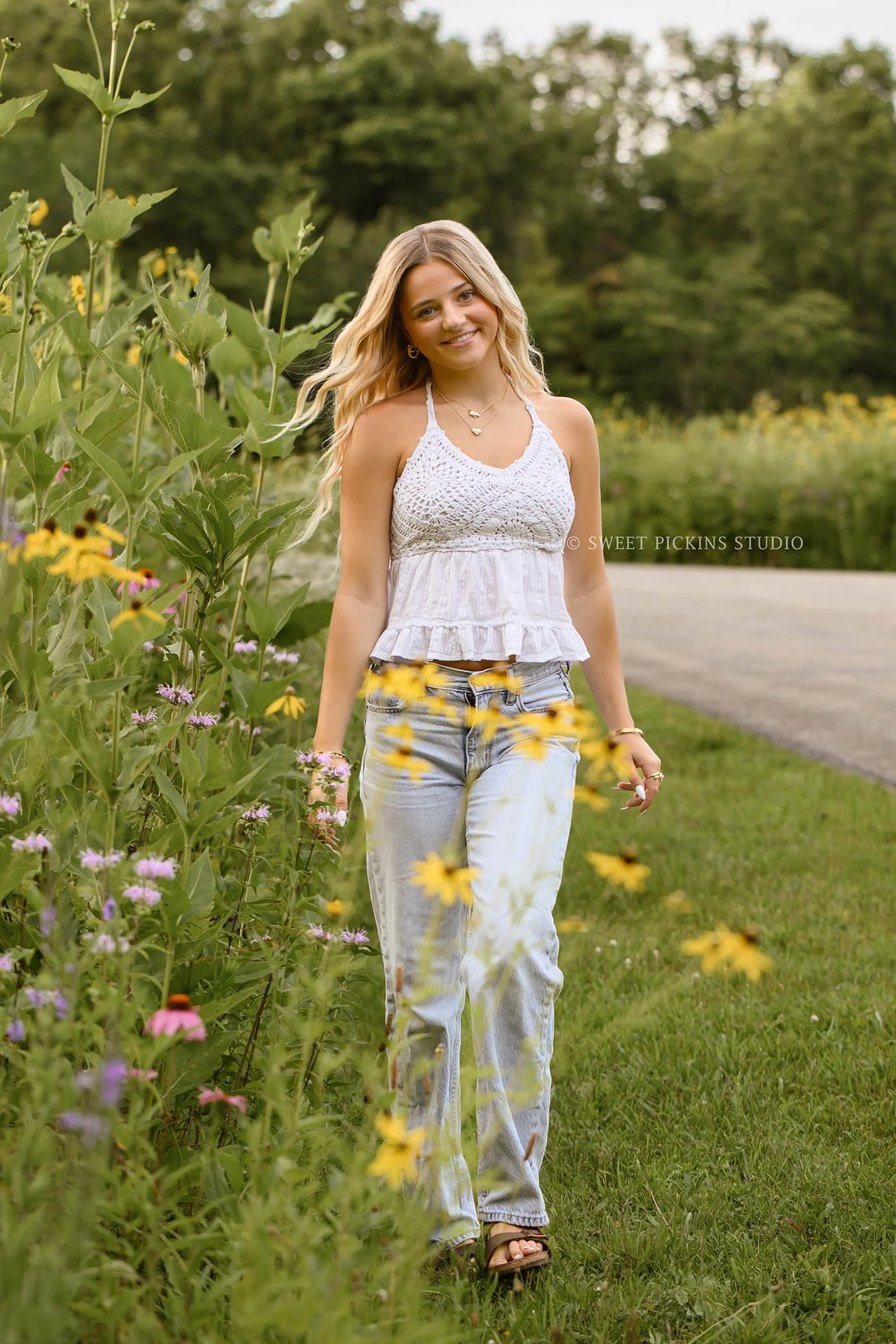 Addison’s Peru, Indiana Wildflower Senior Photography in Summer golden hour wearing white eyelet tank top and denim jeans  by Sweet Pickins Studio senior photographer Amanda Wilson  ©