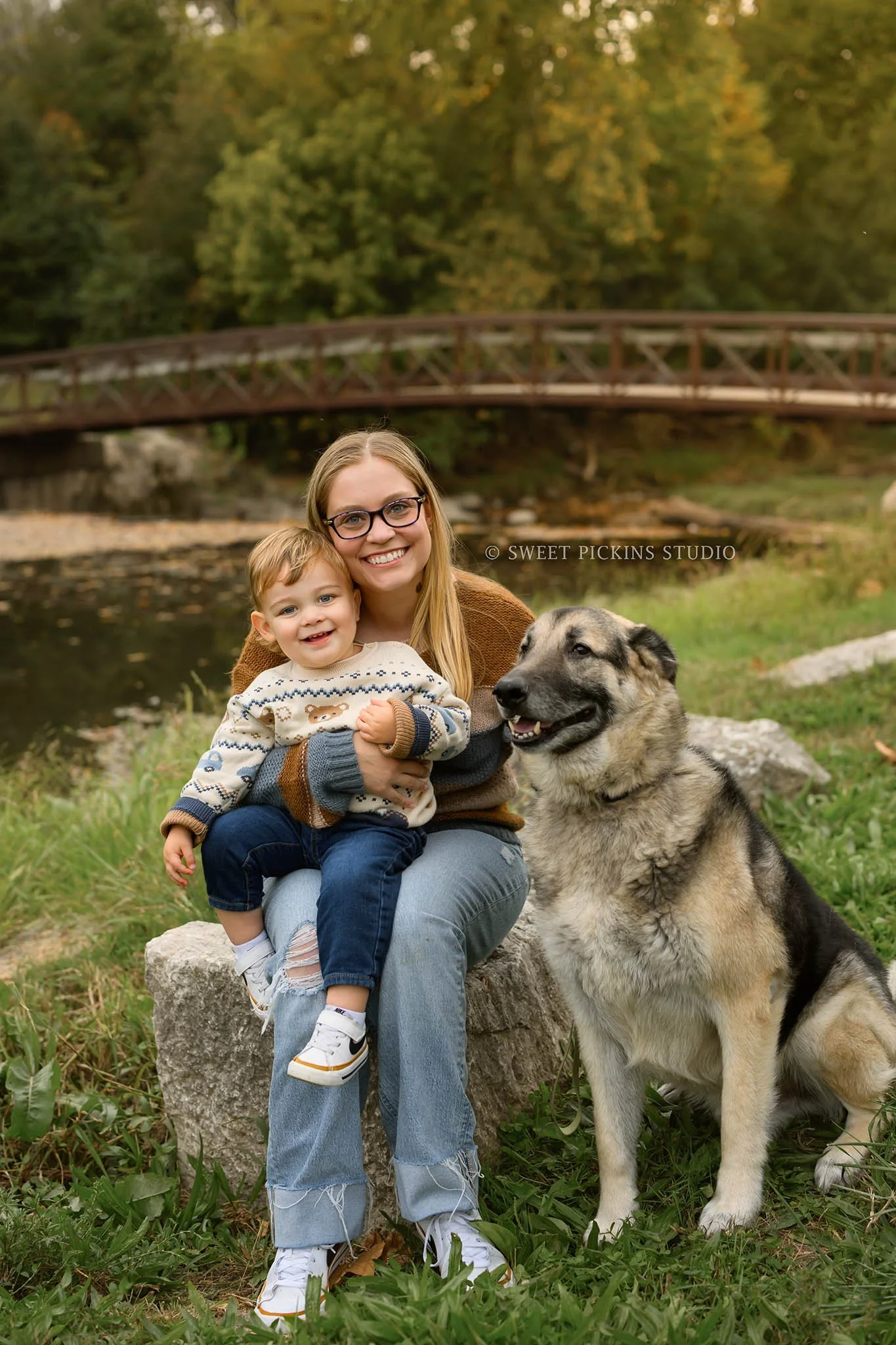 Kokomo, Indiana Fall Family Photography at Highland Park for Mommy and Son with dog by bridge over Wildcat Creek by Sweet Pickins Studio photographer Amanda Wilson ©