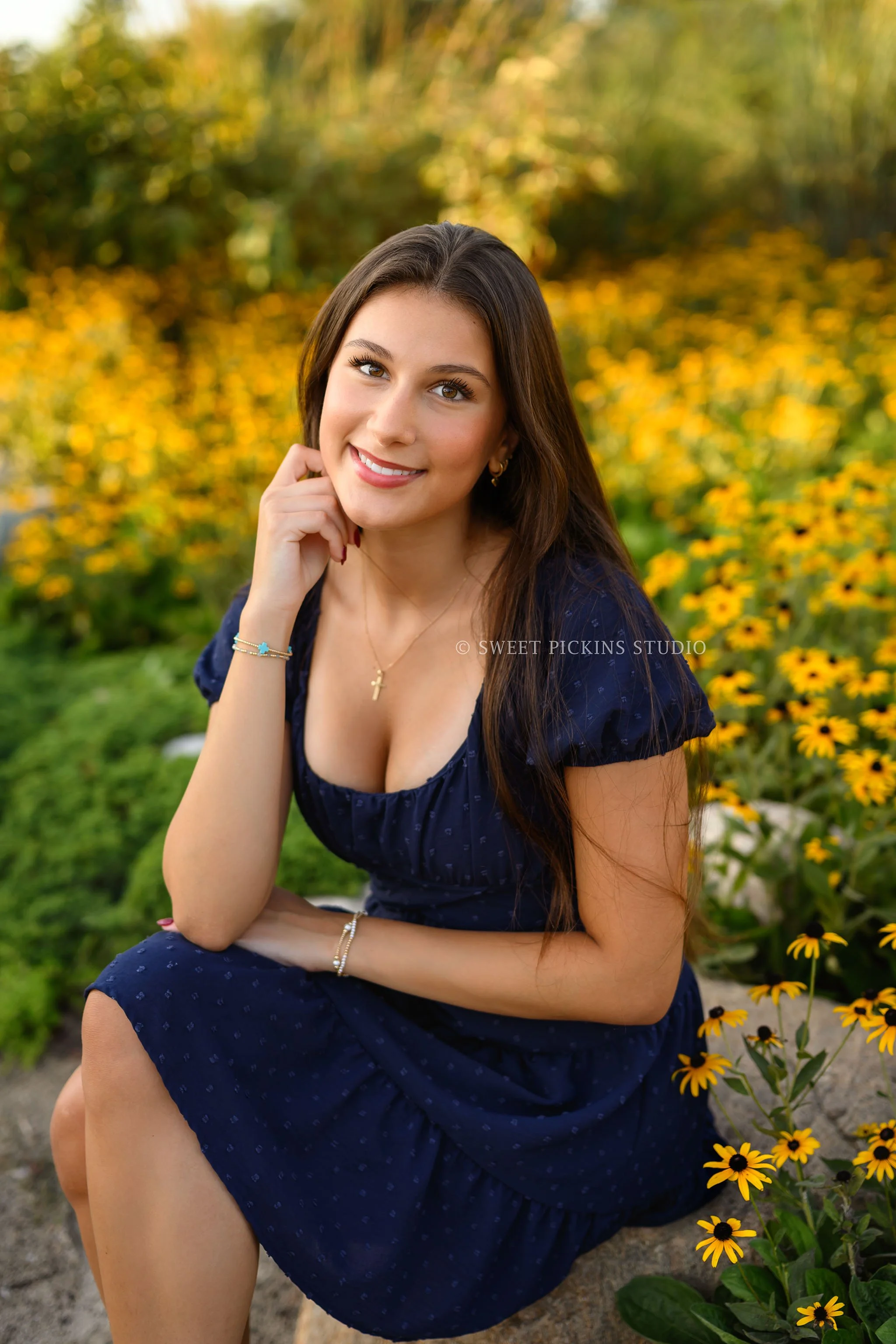 Sofia's Floral Senior Pictures in Navy Blue Dress by Yellow Flowers by Indiana senior photographer Amanda Wilson of Sweet Pickins Studio ©