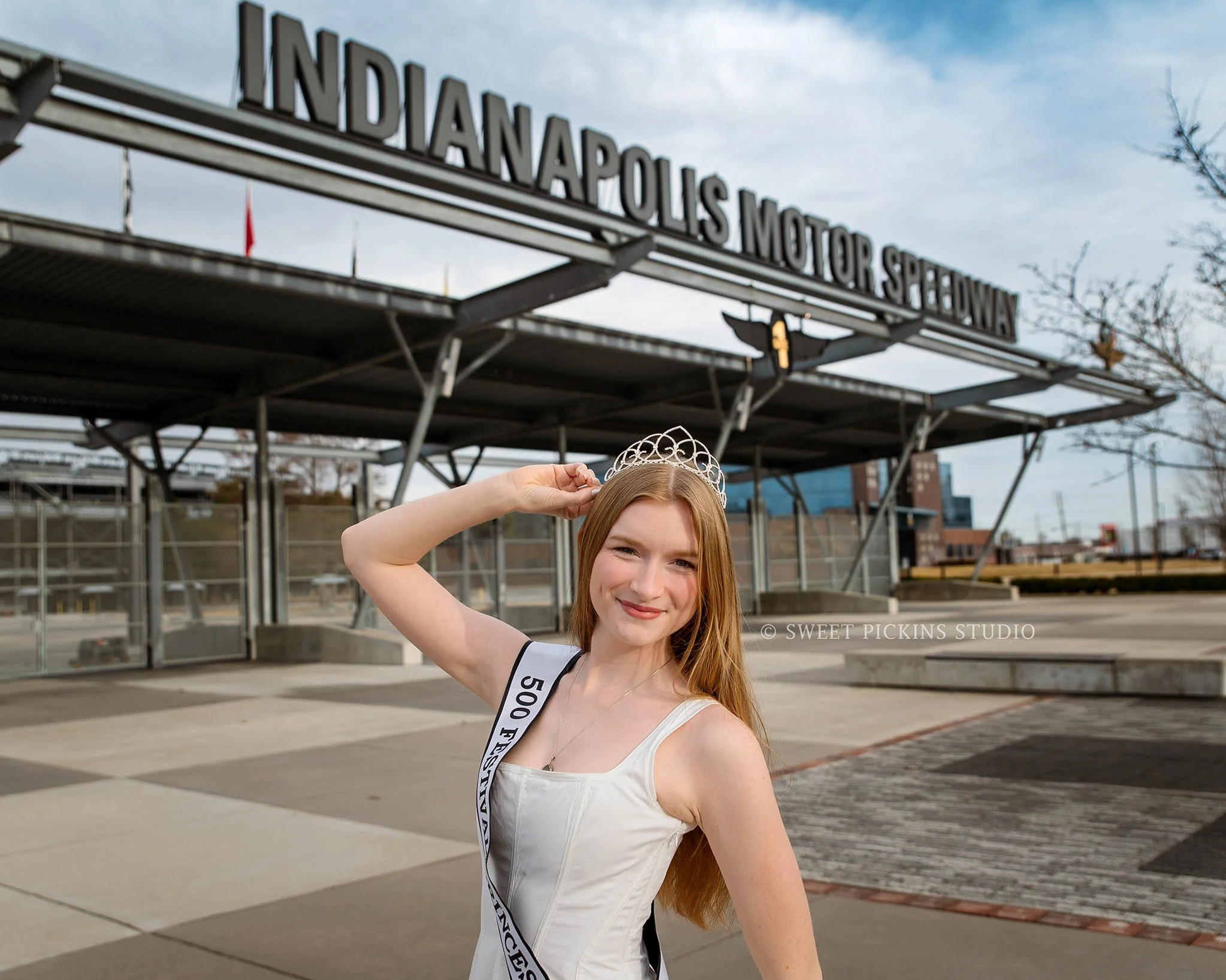 Speedway, Indiana Portrait Photography for Indy 500 Princess at IMS Racetrack wearing tiara and sash by Sweet Pickins Studio photographer Amanda Wilson ©