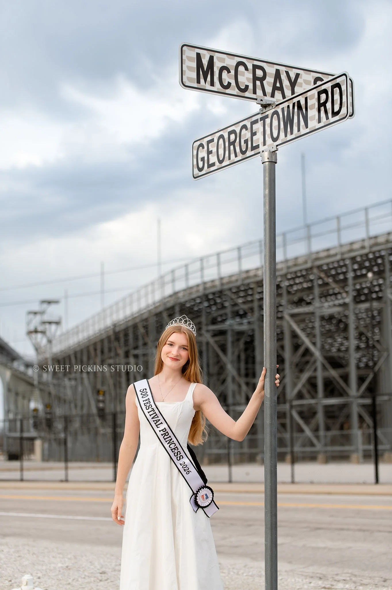 Speedway, Indiana Portrait Photography for Indy 500 Princess at Indianapolis Motor Speedway racetrack wearing tiara and sash by Sweet Pickins Studio photographer Amanda Wilson ©