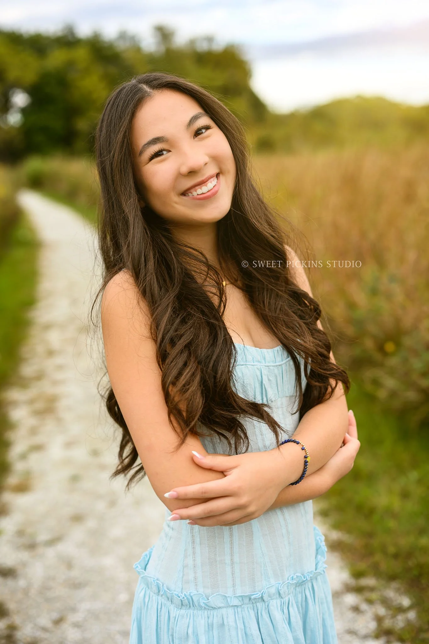 Nora | Carmel, Indiana Senior Girl Photography in Fall field wearing blue dress for Park Tudor Class of 2027 by Sweet Pickins Studio senior photographer Amanda Wilson ©