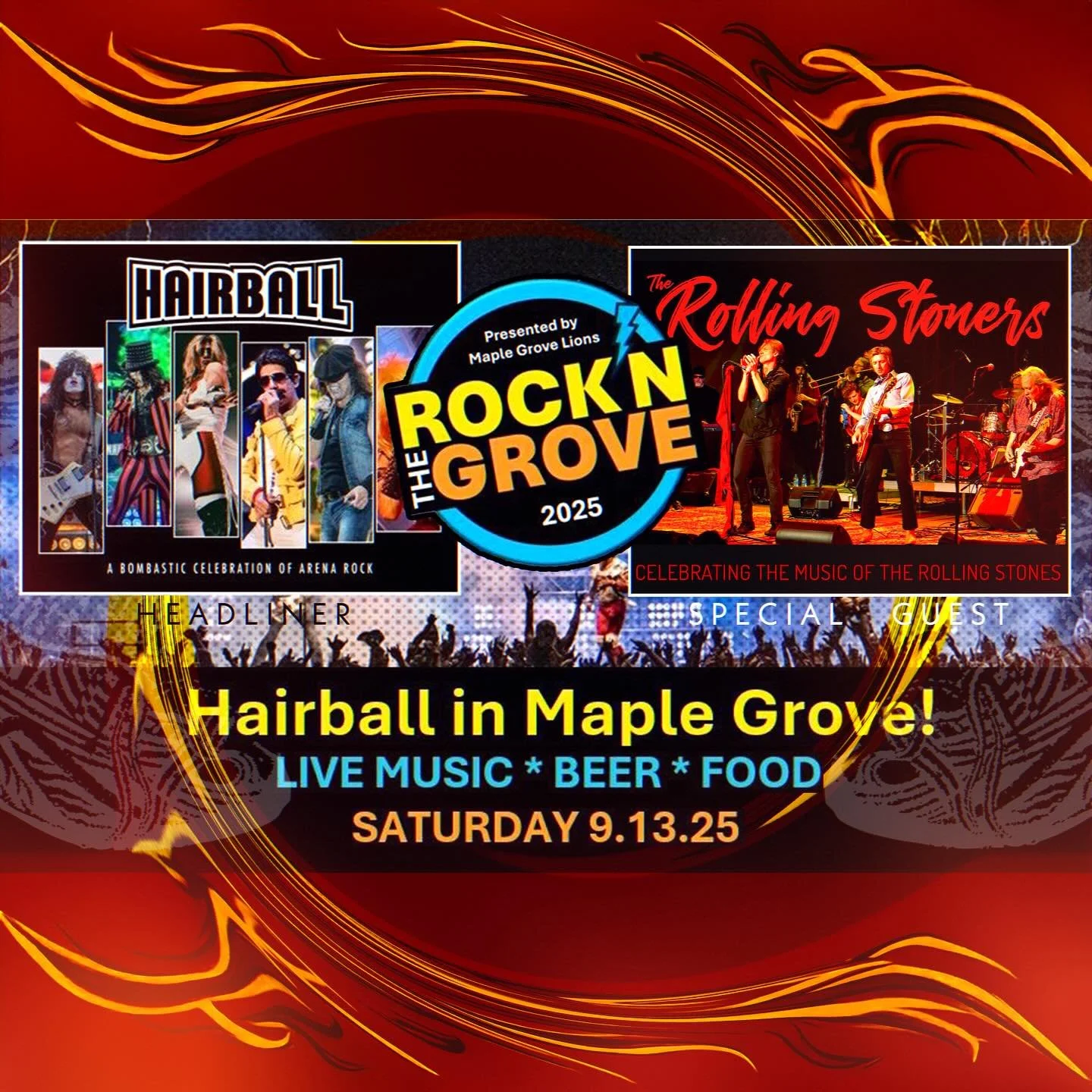 The Grove is about to get loud! ⚡️ Who&rsquo;s ready to roll? 🎟️ Tix in bio!
.
.
.
#RockNTheGrove2025 #rollingstoners #hairball #therollingstones