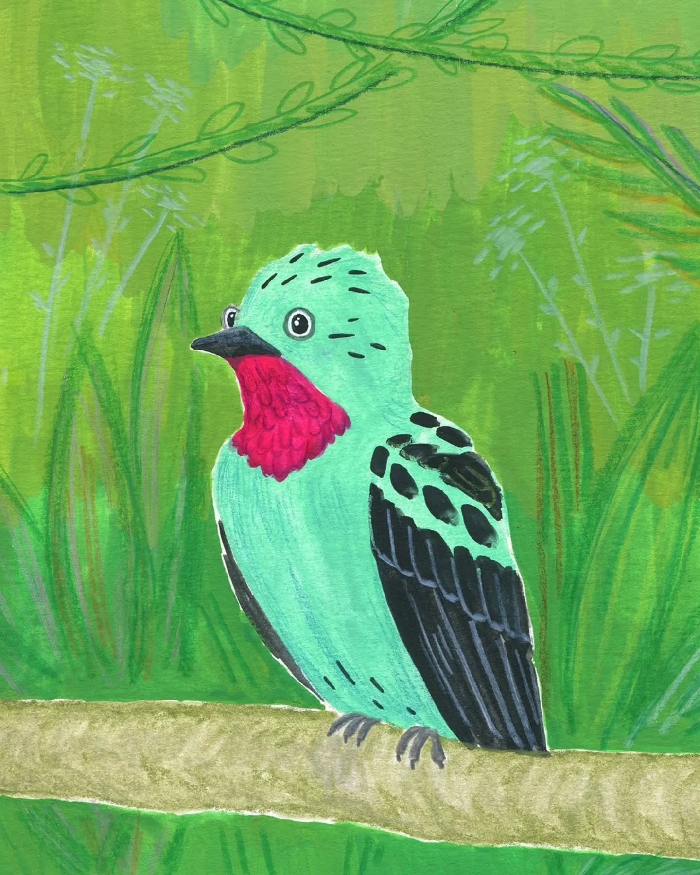 Another one for birduary, the spangled cotinga
Bird names are silly. This is my very original observation.
.
@birbfest.challenge with host @monkeymintaka 
.
#birbfest2026 #spangledcotinga #birdart #childrensillustration
