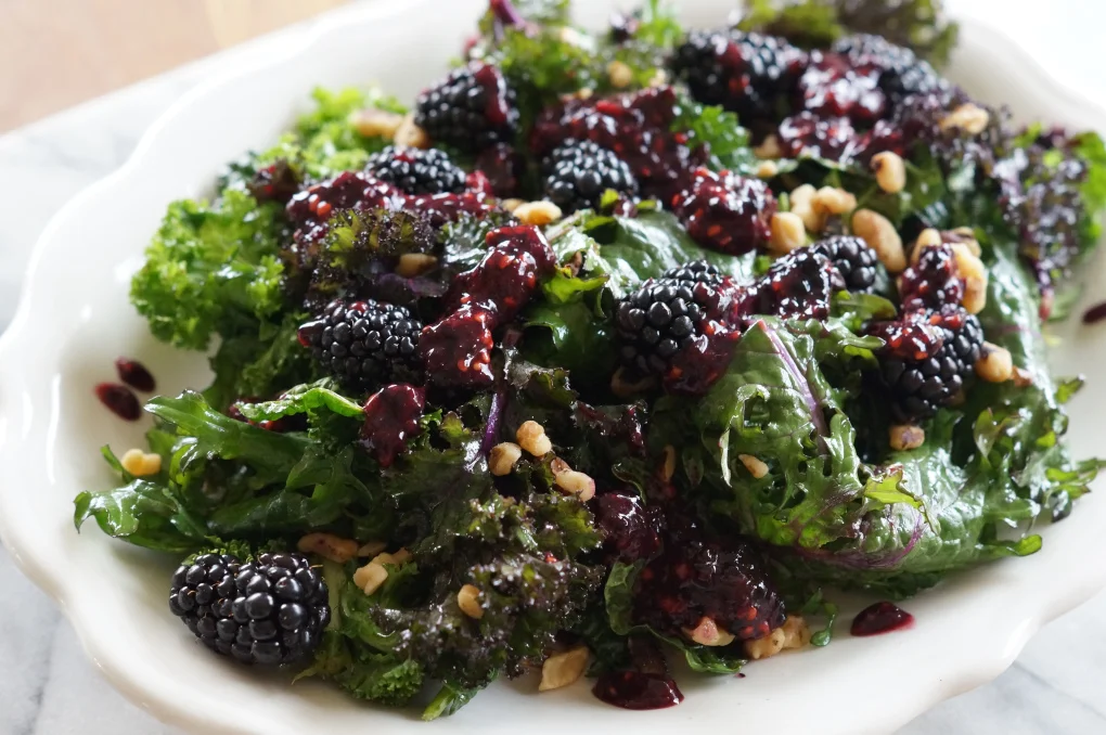 Kale salad with mint, walnuts, and blackberries