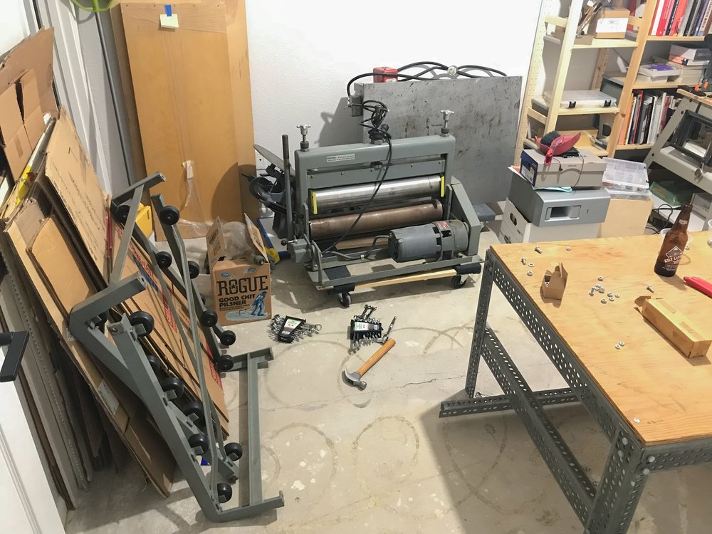  the printing press and related equipment after it was dropped off at my studio (pardon the mess).  