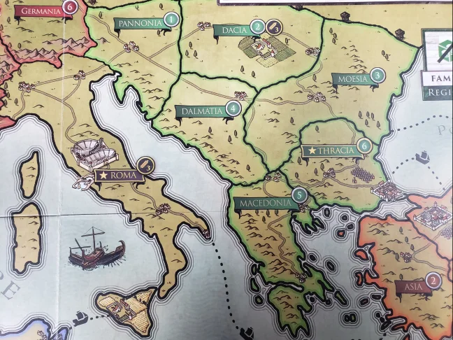 The board clearly shows which areas are capitals and which produce grain.