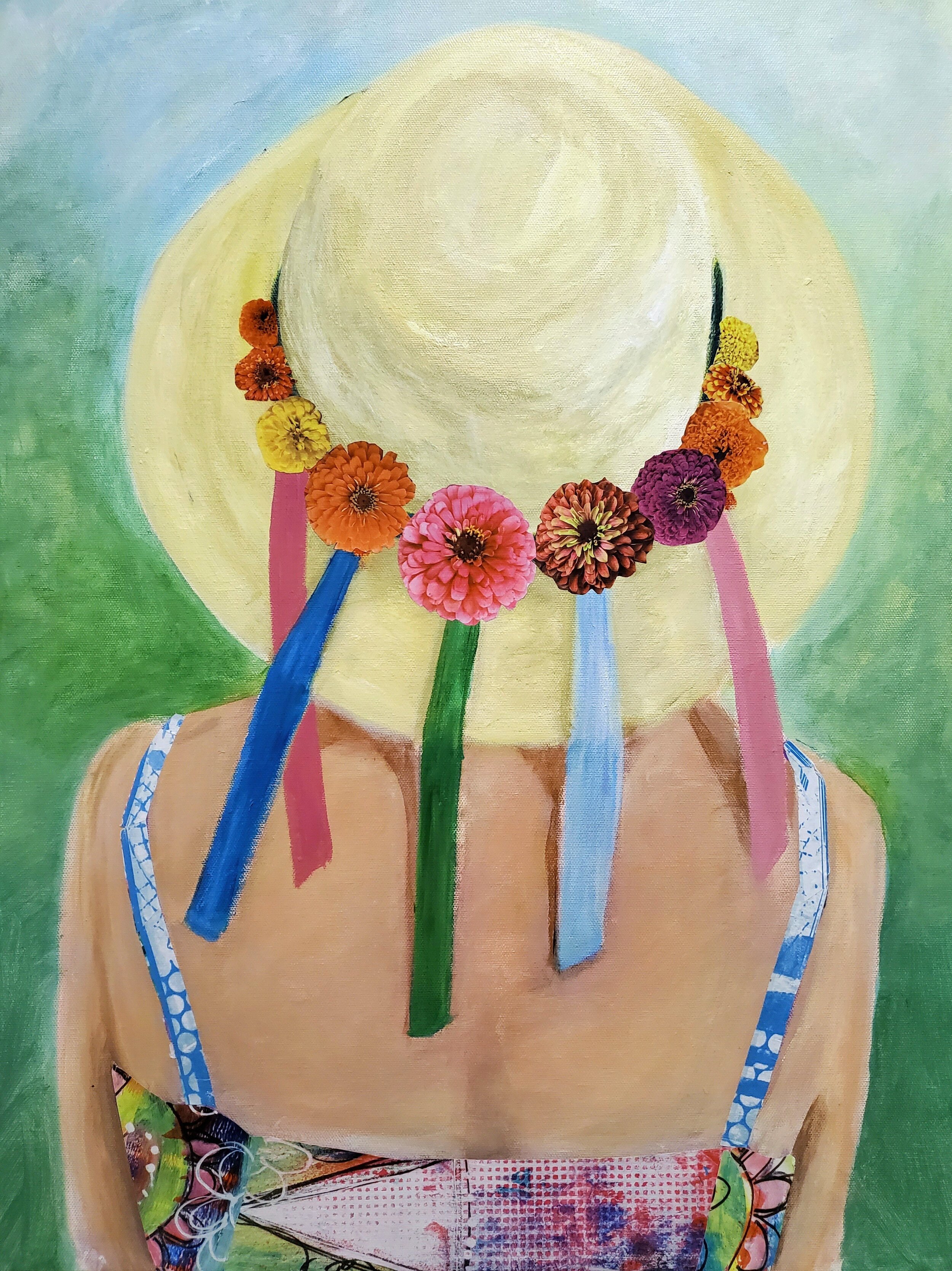 Woman in Straw Hat with Flowers and Ribbons