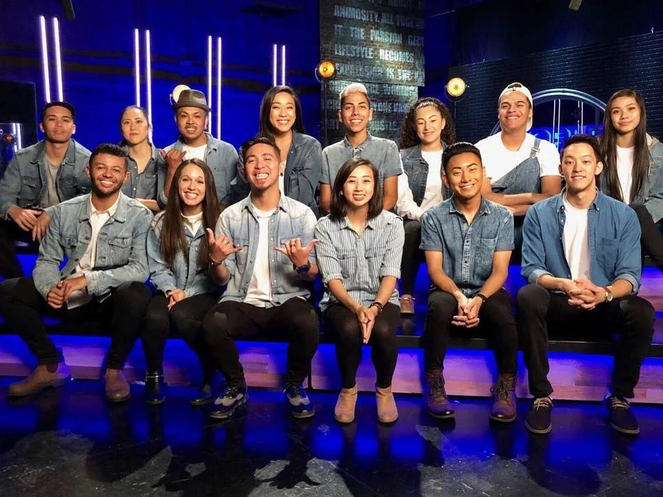 Merrill, bottom row, second from the left, backstage with her hip hop team Str8Jacket at World of Dance Season 3 on NBC.
