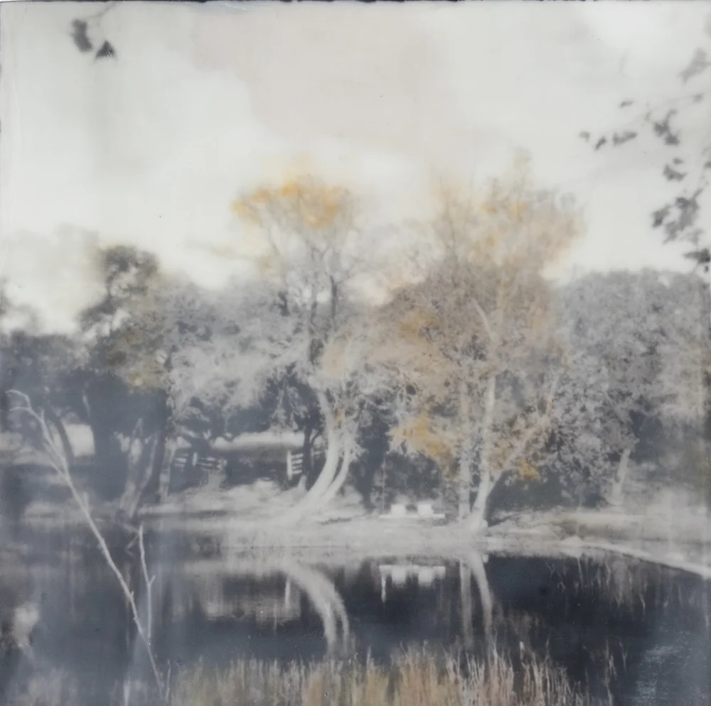 The Swings on Onion Creek Captured with a Holga Camera, Ilford 120 film. Hand colored Encaustic print
