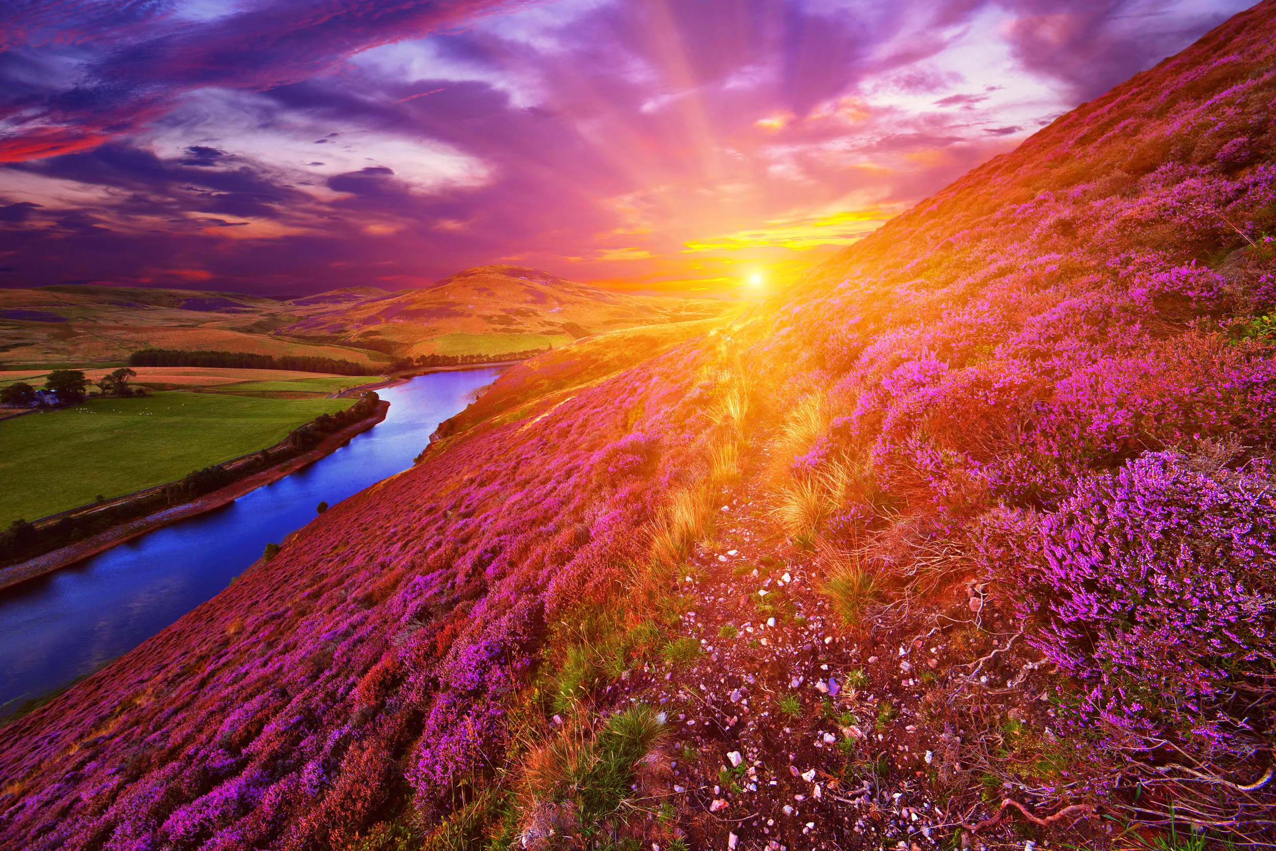 Sunset in the Scottish Highlands. Stock photo.
