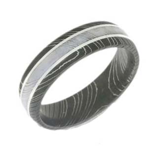 Two-Toned Damascus Steel Wedding Ring with Sterling Silver Inlay