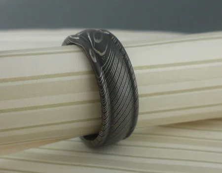 Domed Damascus Steel Wedding Ring with Rounded Edge with Acid Finish