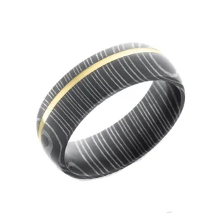 Damascus Steel Wedding Ring with Off-Center 14K Yellow Inlay