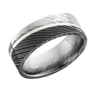 Damascus Steel Wedding Ring with Two Finishes and Sterling Silver Stripe