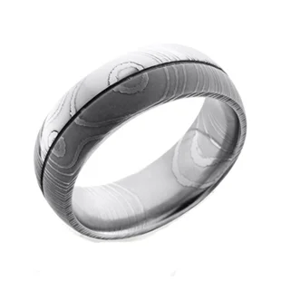 Domed Damascus Steel Wedding Ring with Center Groove