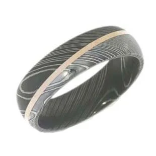 Angled 14K Rose Gold Stripe in Damascus Steel Wedding Ring