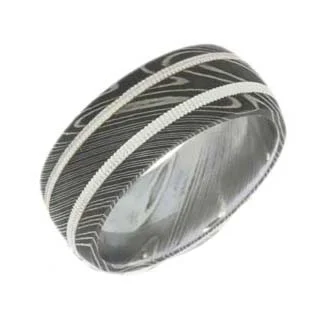 Domed Damascus Steel with Acid Finish &amp; Silver Milgrain Wedding Ring
