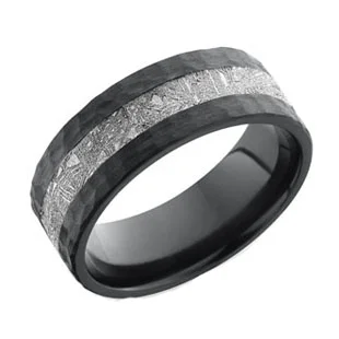Black Zirconium Wedding Ring with Meteorite with Hammered Edges