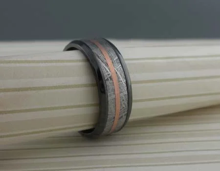 Black Zirconium & Meteorite Wedding Ring with 14K Rose Gold Inlay