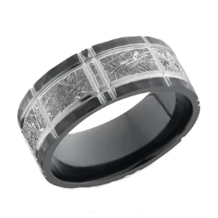 Black Zirconium &amp; Meteorite Wedding Ring with Cross Hatch Design