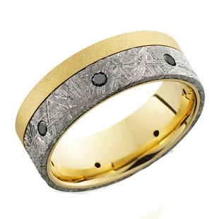 14K Yellow Gold Wedding Ring with Meteorite &amp; Black Diamonds