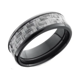 Black Zirconium and Silver Carbon Fiber Wedding Ring