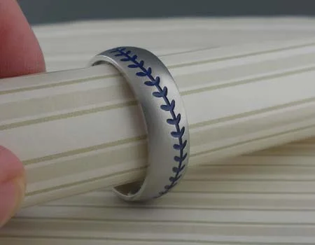Cobalt Chrome Baseball Wedding Ring with Blue Stitches
