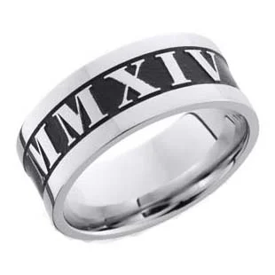 Wide Roman Numeral Wedding Ring in Cobalt Chrome with Antiqued Background