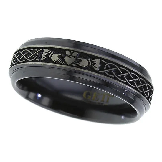 Black Zirconium with Claddagh and Celtic Knot Wedding Ring