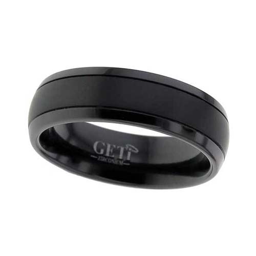 Domed Black Zirconium Wedding Ring Satin Center with Polished Edges