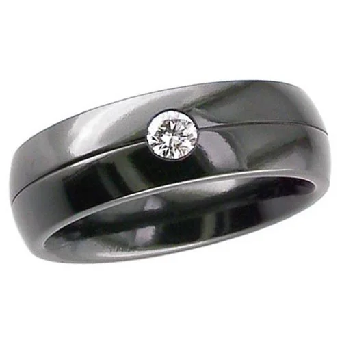 Diamond Black Zirconium Wedding Ring with Center Groove